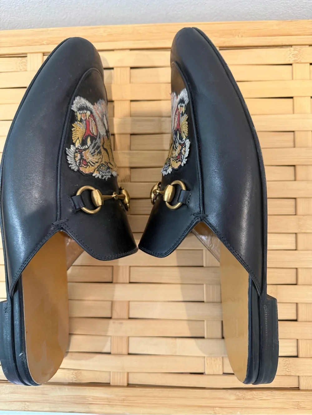 Gucci Black Leather Tiger Embroidered Horsebit Slip-On Mules